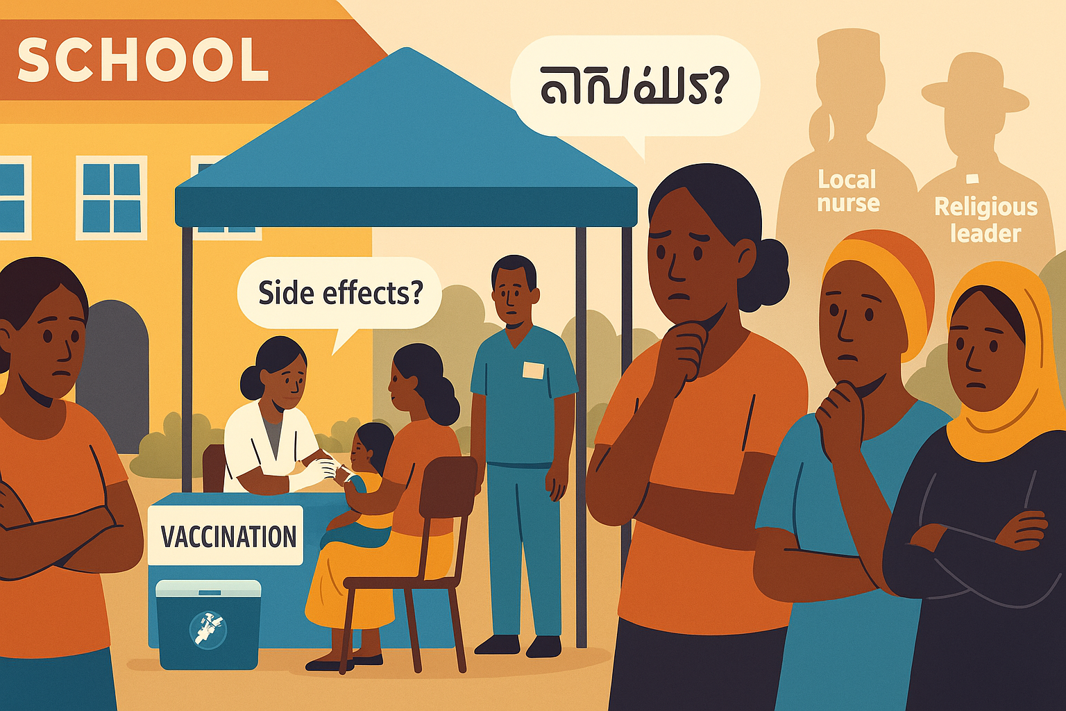 School yard mobile measles clinic set-up with vaccination table and staff